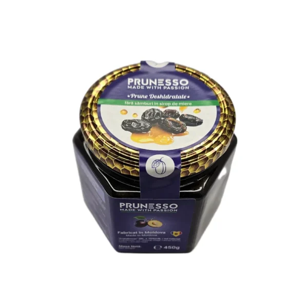 Prune deshidratate Prunesso în sirop de miere, borcan 420g