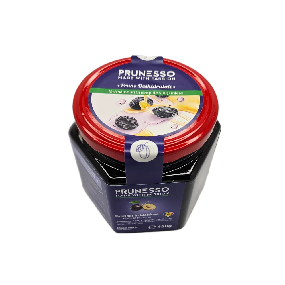 Prune deshidratate Prunesso în sirop de vin și miere, borcan 420g